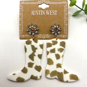 Austin West Cowboy Boots Dangle Earrings Rhinestone Flower Animal Print Western